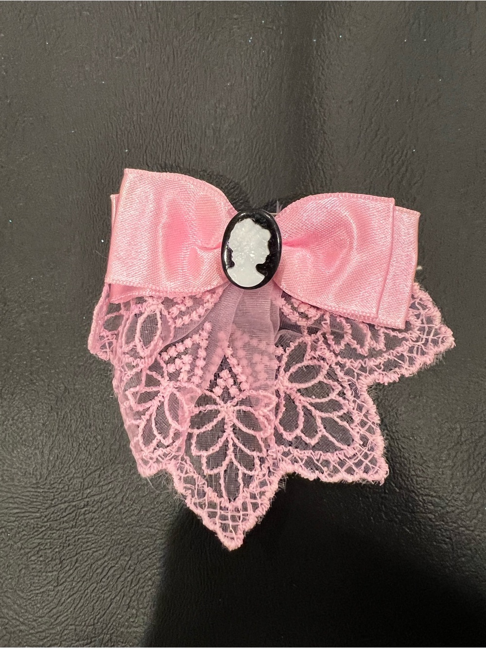 Pink Lace Bow Brooch with Cameo Accent